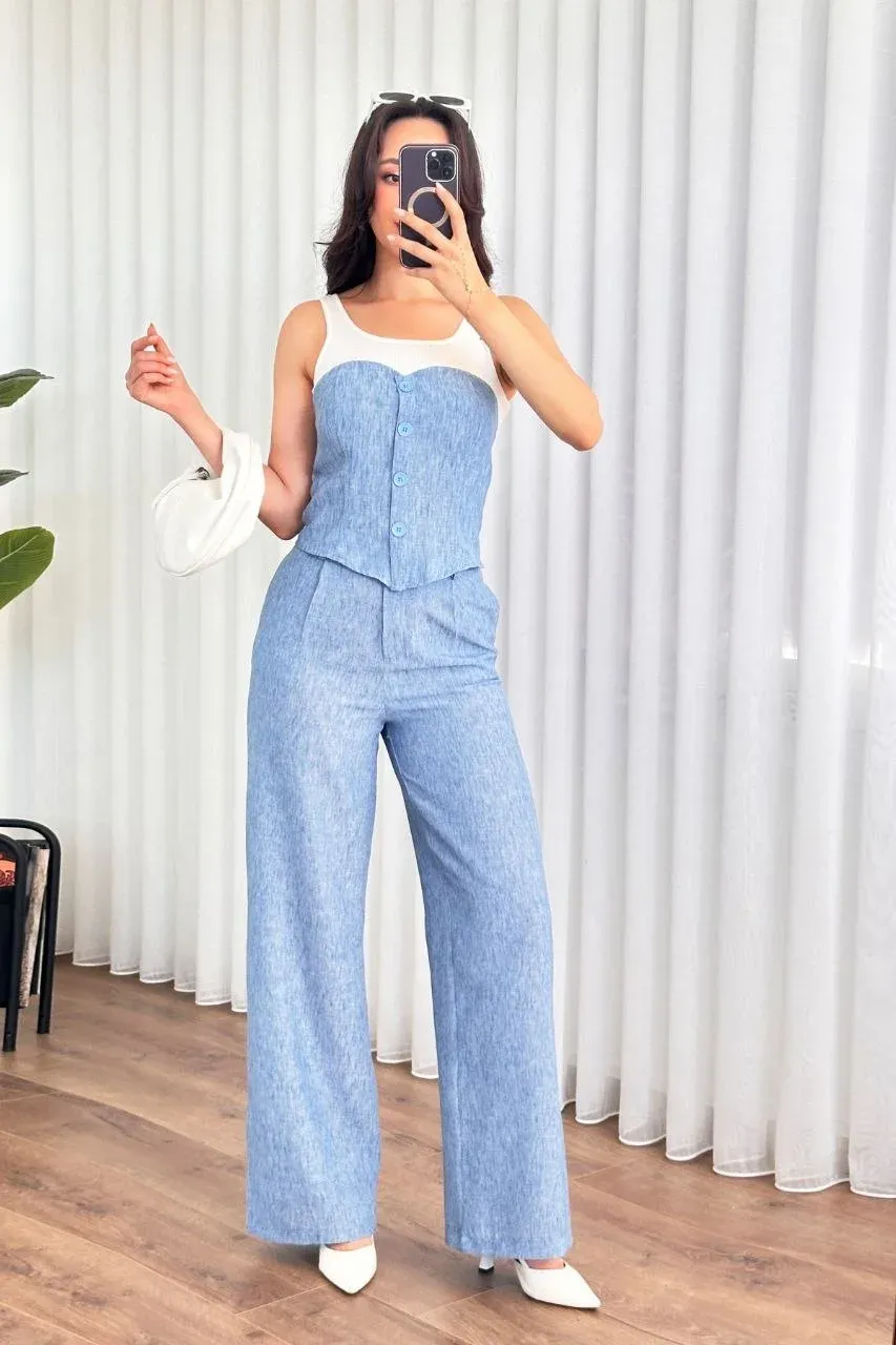 Keten Görünümlü Düğmeli Büstiyer ve Bol Paça Pantolon İkili Takım