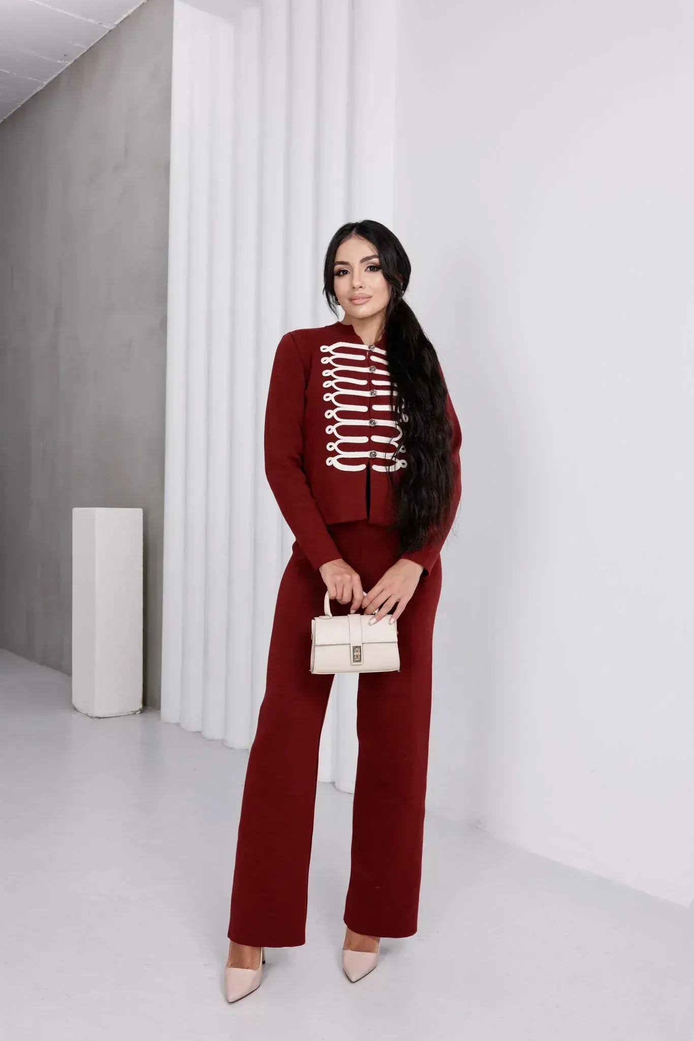 Süvari Model Düğme Detaylı Likralı Standart Beden Triko Takım