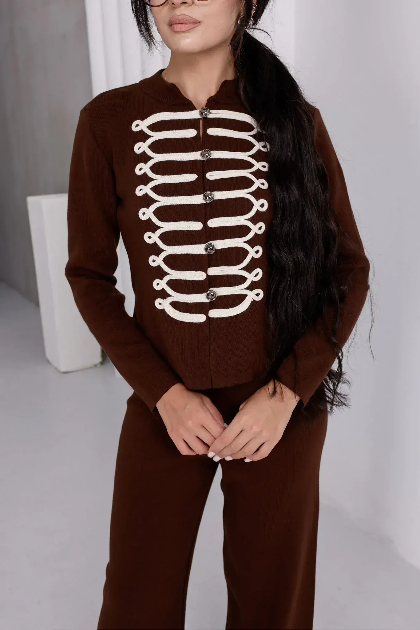 Süvari Model Düğme Detaylı Likralı Standart Beden Triko Takım