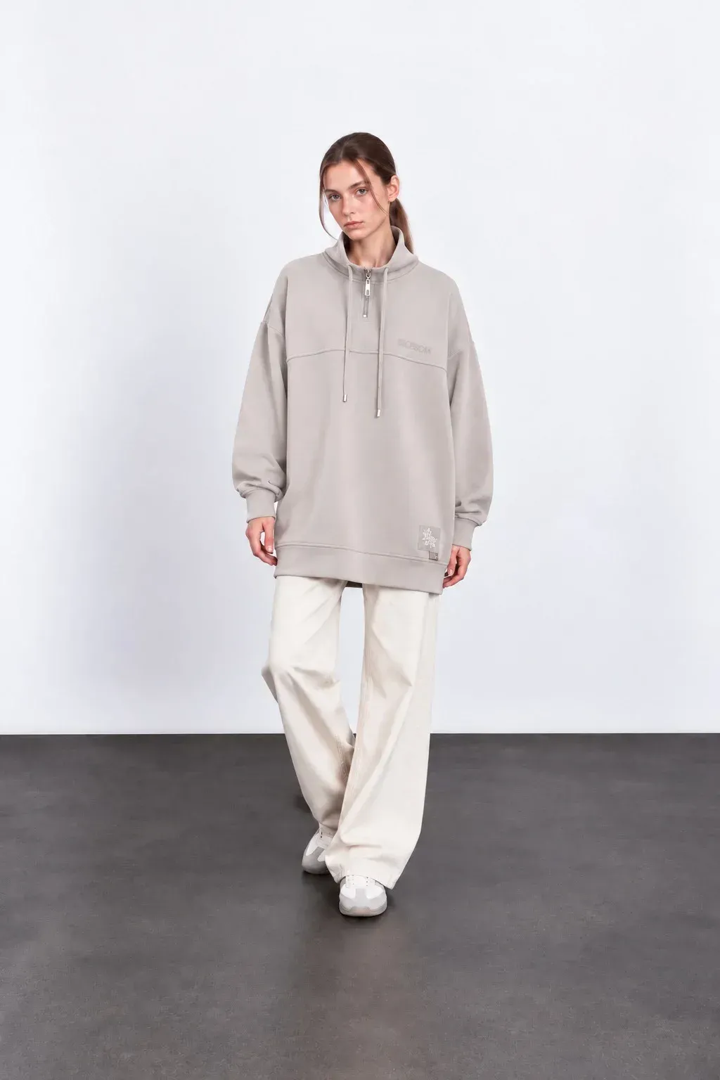 Kadın Dik Yaka Yarım Fermuarlı Oversize Premium Modal Tunik Sweatshirt