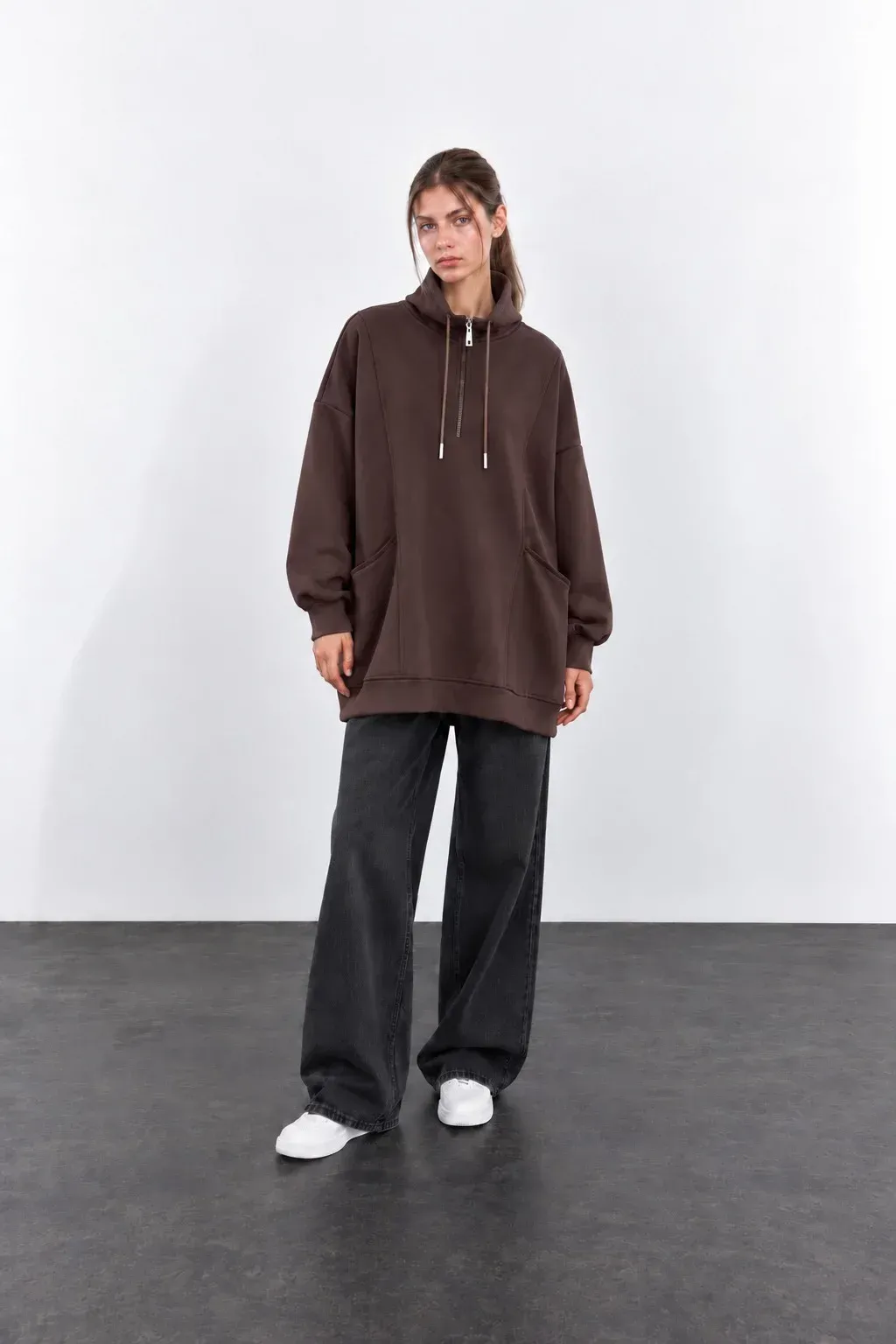 Oversize Dik Yaka Fermuarlı Cepli Premium Modal Düşük Kol Kadın Sweatshirt Tunik