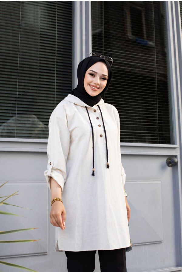 MEVSİMLİK ÖN BOĞAZ DÜĞMELE TUNİK BEYAZ