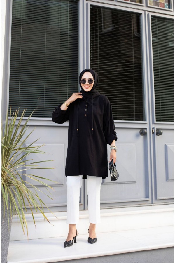 MEVSİMLİK  ÖN  BOĞAZ DÜĞMELE TUNİK SİYAH