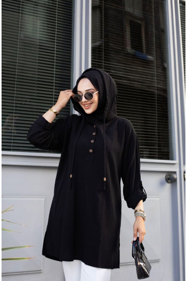 MEVSİMLİK  ÖN  BOĞAZ DÜĞMELE TUNİK SİYAH