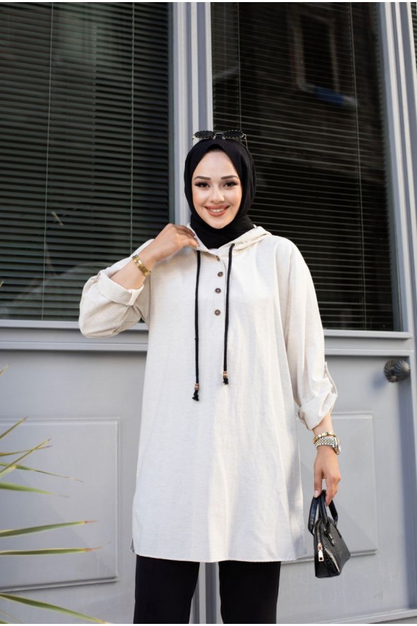 MEVSİMLİK ÖN BOĞAZ DÜĞMELE TUNİK BEYAZ