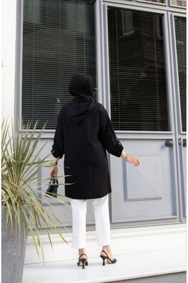 MEVSİMLİK  ÖN  BOĞAZ DÜĞMELE TUNİK SİYAH