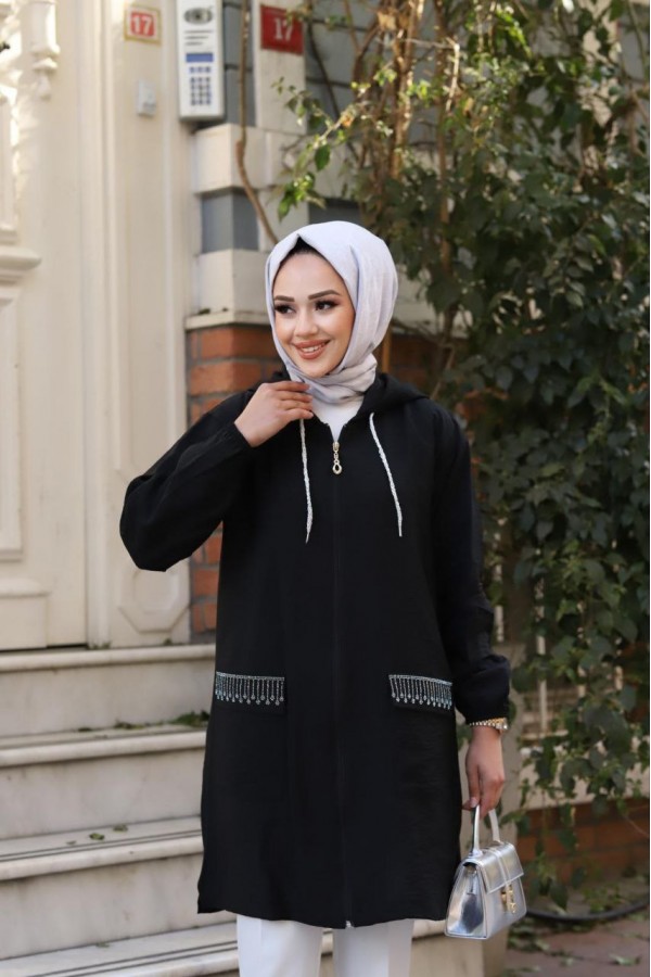 MEVSİMLİK İNCİ TAŞ YAPİŞTİRMALİ KAP SİYAH