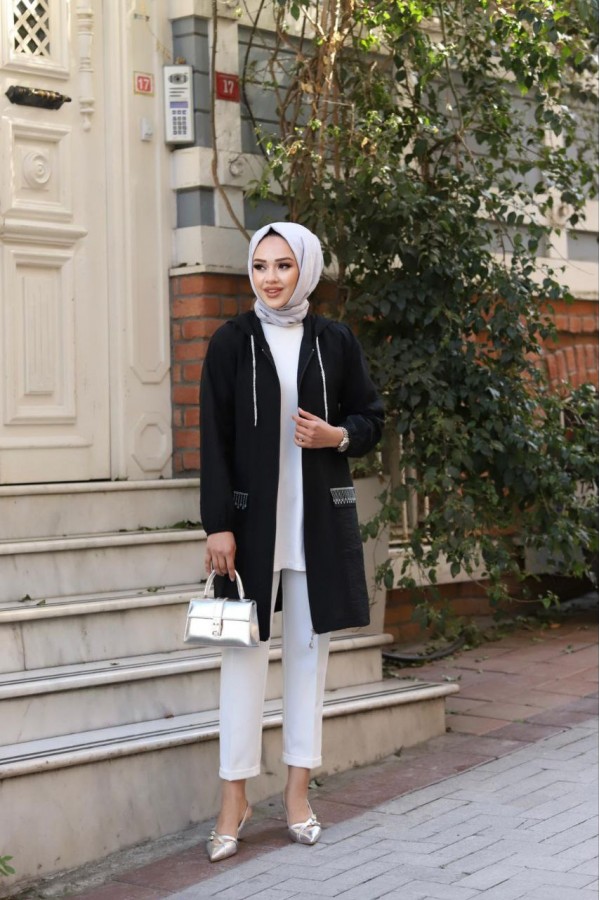 MEVSİMLİK İNCİ TAŞ YAPİŞTİRMALİ KAP SİYAH