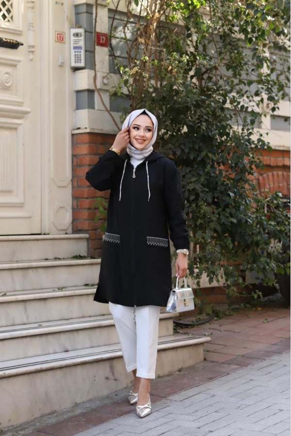 MEVSİMLİK İNCİ TAŞ YAPİŞTİRMALİ KAP SİYAH