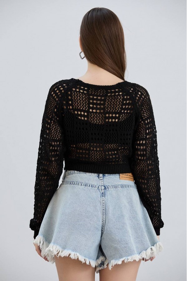 AJURLU ÖRGÜ CROP SİYAH