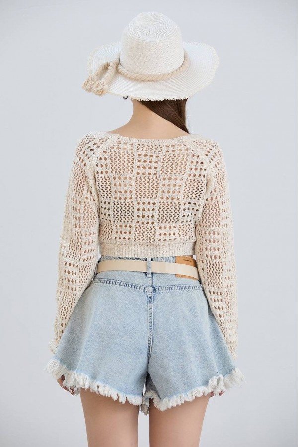 AJURLU ÖRGÜ CROP BEJ