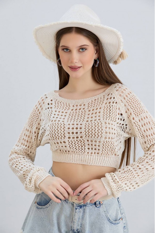 AJURLU ÖRGÜ CROP BEJ