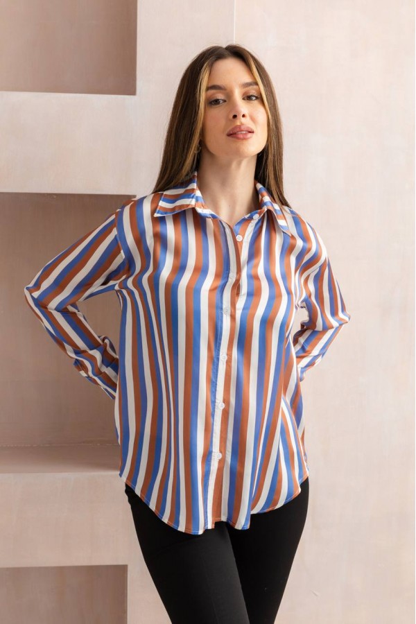 ZARA MODEL CİZGİLİ SATEN GÖMLEK KİREMİT-MAVİ