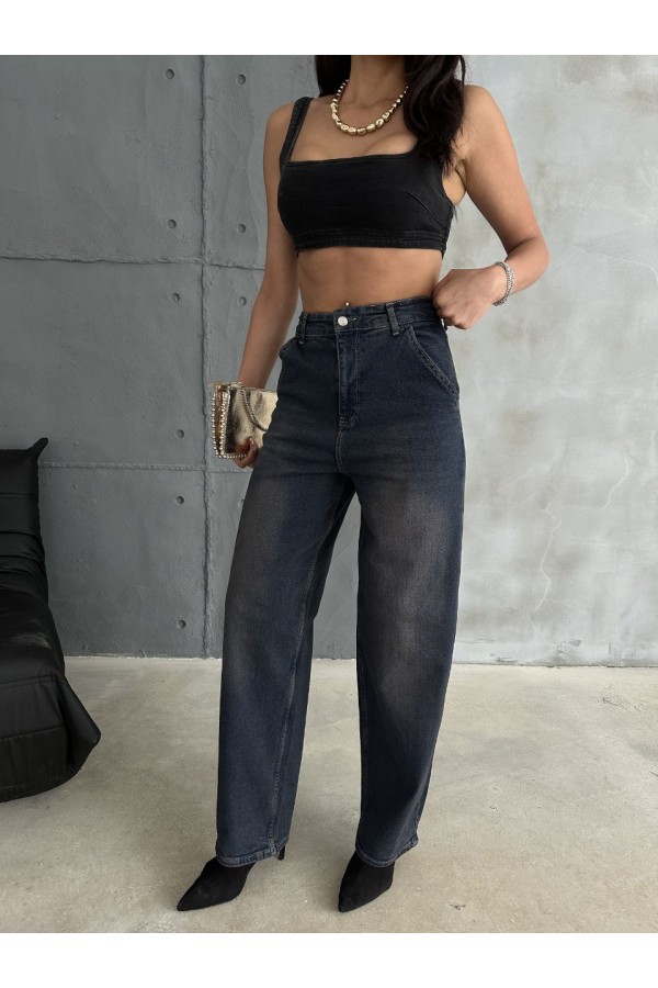 BAGGY  YÜKSEK BEL LİKRALİ KOT PANTOLON  SİYAH