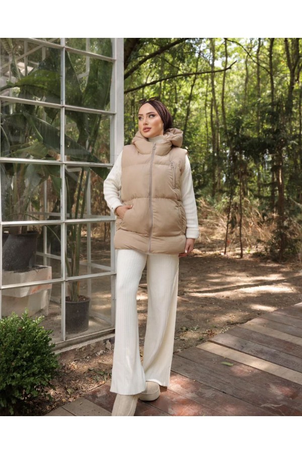 OVERSİZE  KAPİŞONLU SOL ÖN FERMUARLI CEP ŞİŞME YELEK VİZON