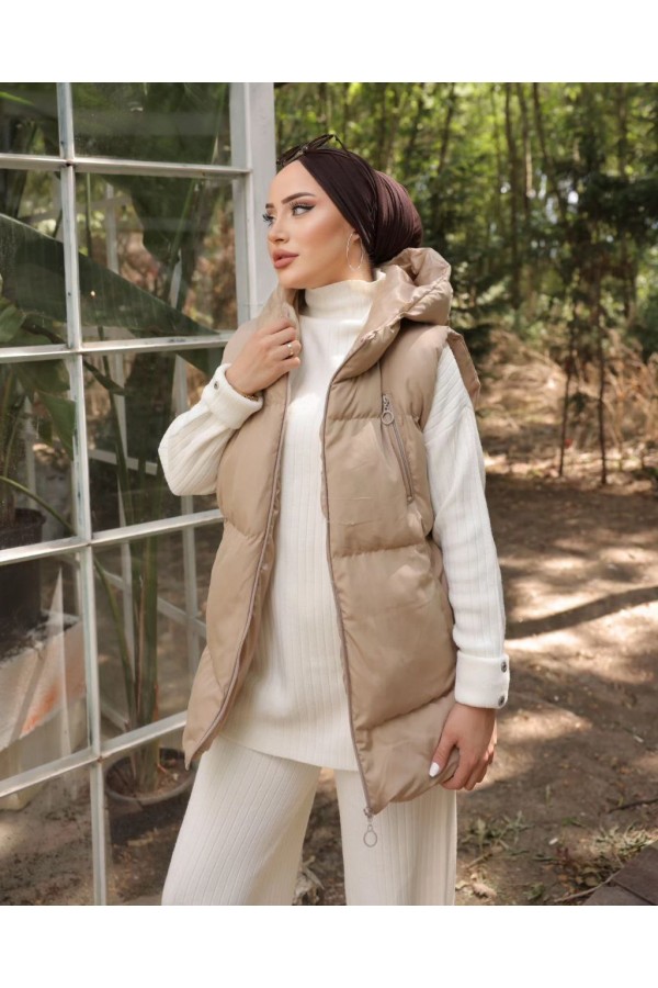 OVERSİZE  KAPİŞONLU SOL ÖN FERMUARLI CEP ŞİŞME YELEK VİZON