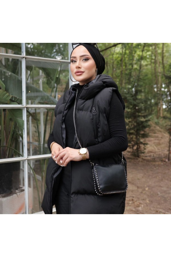 OVERSİZE  KAPİŞONLU SOL ÖN FERMUARLI CEP ŞİŞME YELEK SİYAH