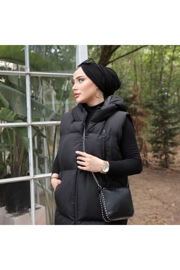 OVERSİZE  KAPİŞONLU SOL ÖN FERMUARLI CEP ŞİŞME YELEK SİYAH