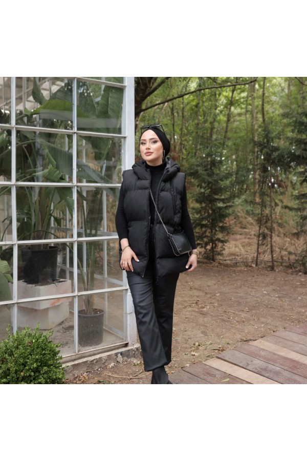 OVERSİZE  KAPİŞONLU SOL ÖN FERMUARLI CEP ŞİŞME YELEK SİYAH