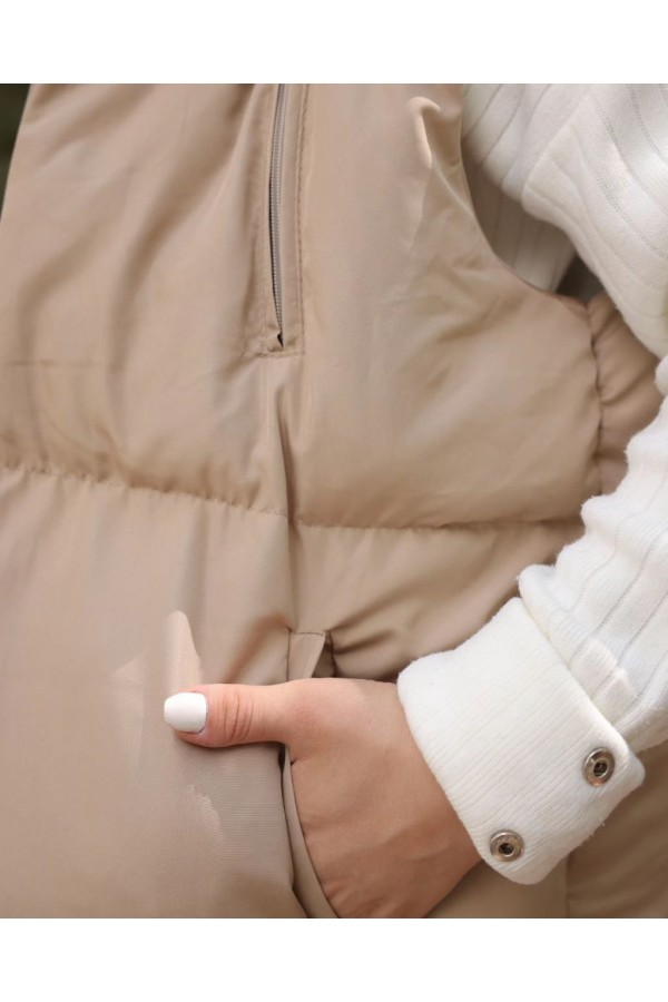 OVERSİZE  KAPİŞONLU SOL ÖN FERMUARLI CEP ŞİŞME YELEK VİZON