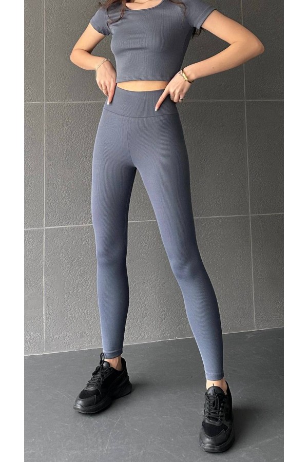 YÜKSEK BEL KEMERLİ ŞARDONLU FİTİLİ TAYT GRİ