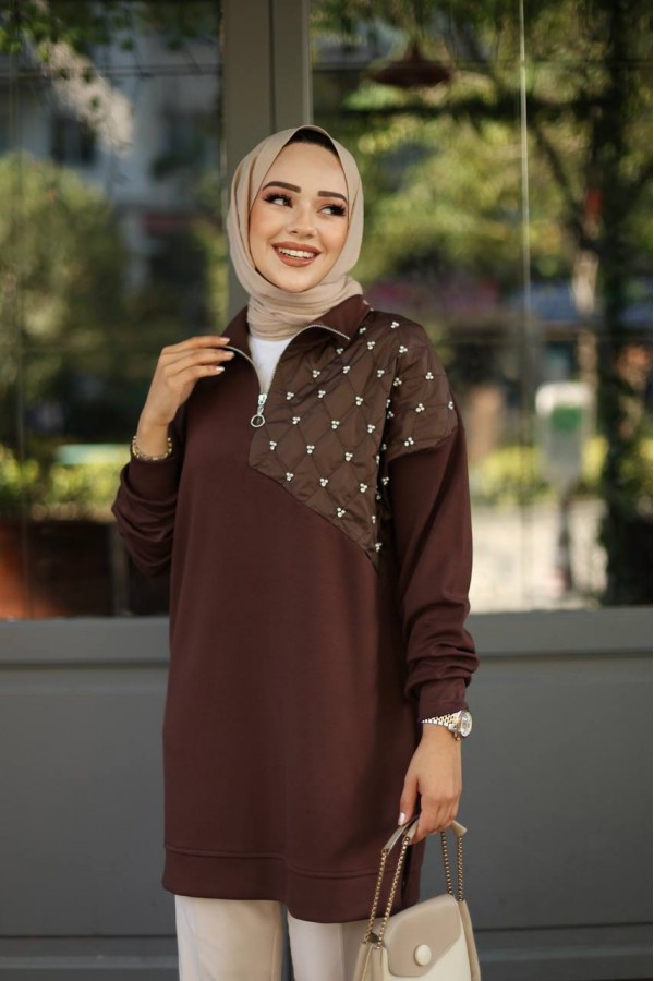 KAPİTONELİ TAŞ ÇAKİMLİ TUNİK KAHVE