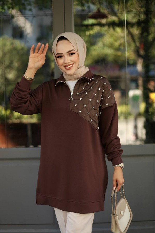 KAPİTONELİ TAŞ ÇAKİMLİ TUNİK KAHVE