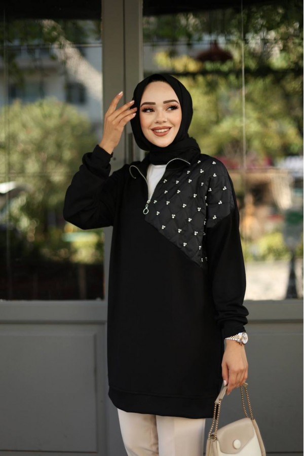 KAPİTONELİ TAŞ ÇAKİMLİ TUNİK SİYAH