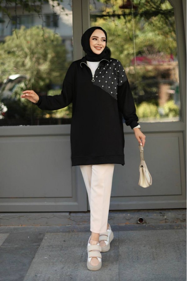 KAPİTONELİ TAŞ ÇAKİMLİ TUNİK SİYAH