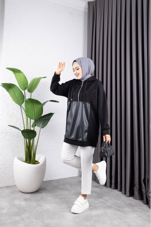 KAPÜŞONLU FERMUARLI TAŞ DETAYLİ TUNİK SİYAH