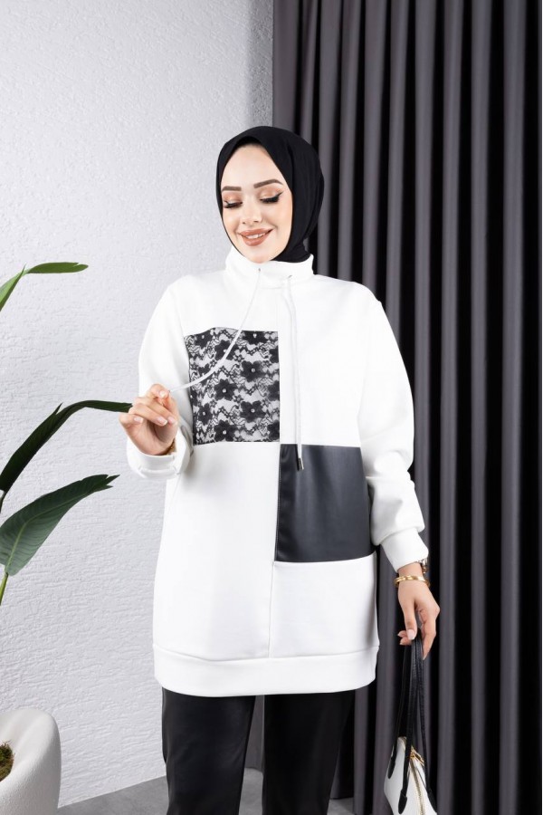 YARİM BOĞAZLİ DANTEL VE DERİ  GARNİLİ TUNİK EKRU