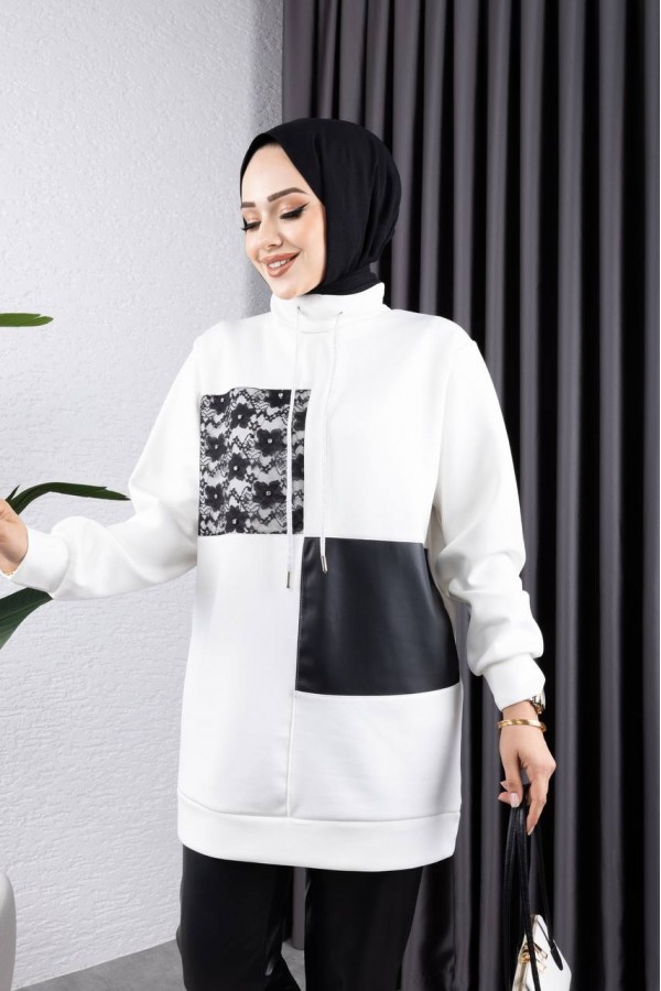 YARİM BOĞAZLİ DANTEL VE DERİ  GARNİLİ TUNİK EKRU