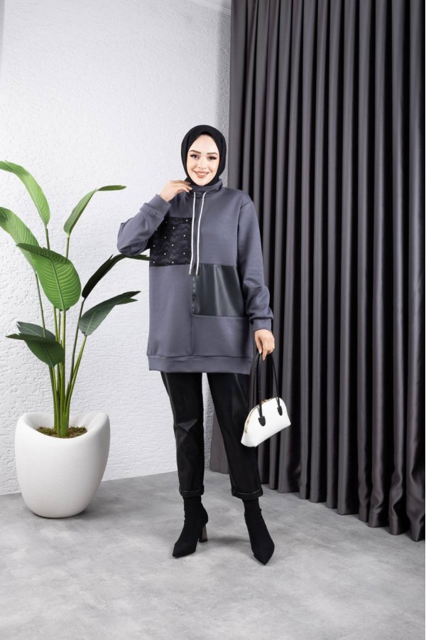 YARİM BOĞAZLİ DANTEL VE DERİ  GARNİLİ TUNİK ANTARSİT