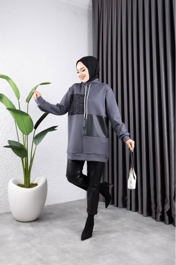 YARİM BOĞAZLİ DANTEL VE DERİ  GARNİLİ TUNİK ANTARSİT