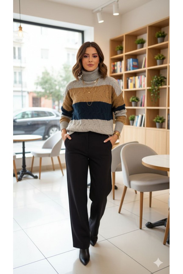 Renk Bloklu Yarım Balıkçı Triko Kazak – Esnek Likralı, Yumuşak Dokulu, Kışlık Standart Beden GRİ