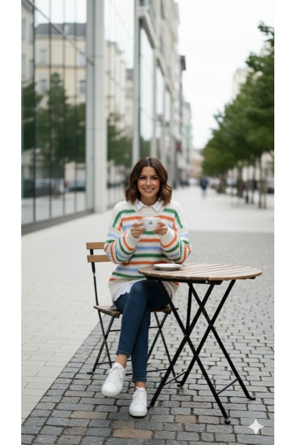 Renkli Çizgili Oversize Triko – Bisiklet Yaka, Likralı, Standart Beden Kadın Kazak RENK (TURUNCU MAVİ)