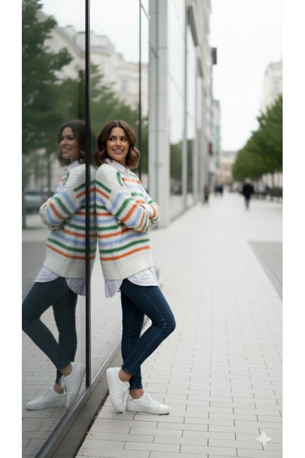 Renkli Çizgili Oversize Triko – Bisiklet Yaka, Likralı, Standart Beden Kadın Kazak RENK (TURUNCU MAVİ)