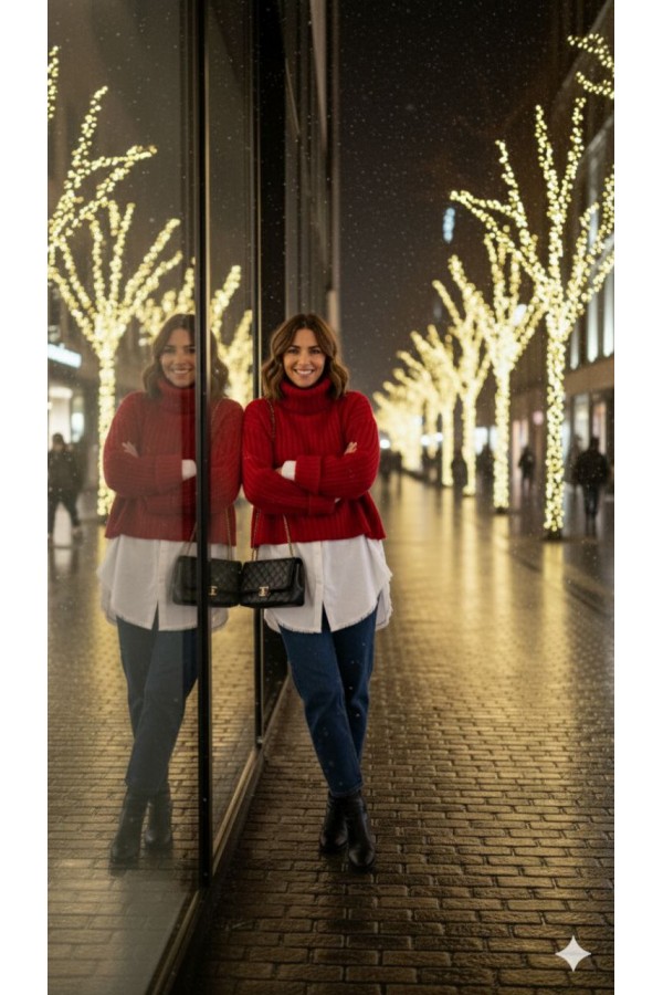 Kalın Örgü Salaş Fit Balıkçı Yaka Triko Kazak – Likralı, Düşük Kollu, Kışlık Kadın Kazak KIRMIZI