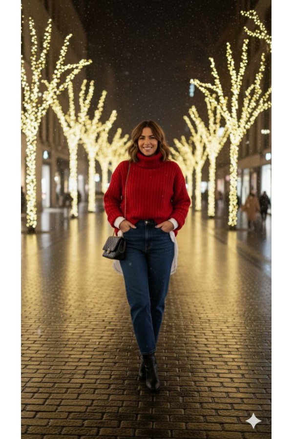 Kalın Örgü Salaş Fit Balıkçı Yaka Triko Kazak – Likralı, Düşük Kollu, Kışlık Kadın Kazak KIRMIZI