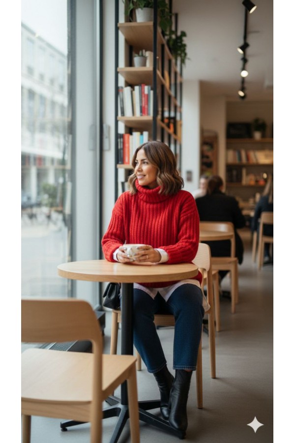 Kalın Örgü Salaş Fit Balıkçı Yaka Triko Kazak – Likralı, Düşük Kollu, Kışlık Kadın Kazak KIRMIZI