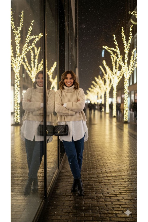 Kalın Örgü Salaş Fit Balıkçı Yaka Triko Kazak – Likralı, Düşük Kollu, Kışlık Kadın Kazak EKRU