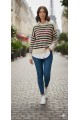 Renkli Çizgili Oversize Triko – Bisiklet Yaka, Likralı, Standart Beden Kadın Kazak RENK(KAHVE MOR)