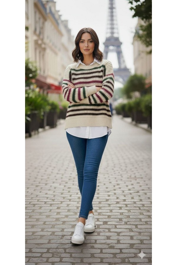 Renkli Çizgili Oversize Triko – Bisiklet Yaka, Likralı, Standart Beden Kadın Kazak RENK(KAHVE MOR)