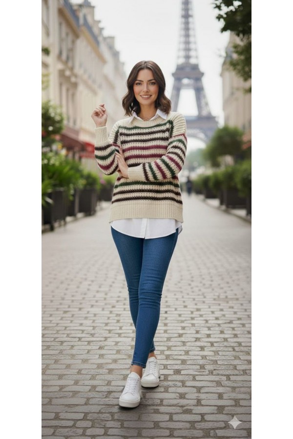 Renkli Çizgili Oversize Triko – Bisiklet Yaka, Likralı, Standart Beden Kadın Kazak RENK(KAHVE MOR)