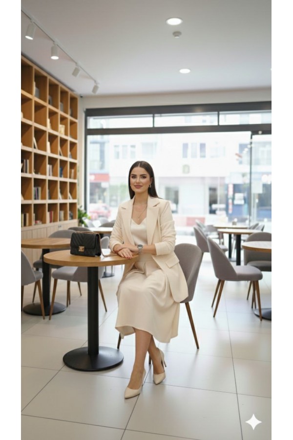 Ekru Blazer Ceket ve Pilili Etek Takım – Krep Kumaş, Kemerli, Şık Kadın Takım EKRU