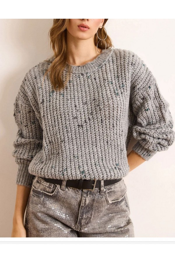  Renkli Melanj Oversize Triko Kazak  GRİ