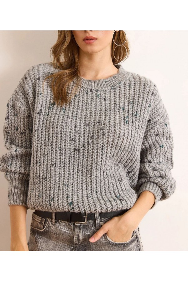 Renkli Melanj Oversize Triko Kazak  GRİ