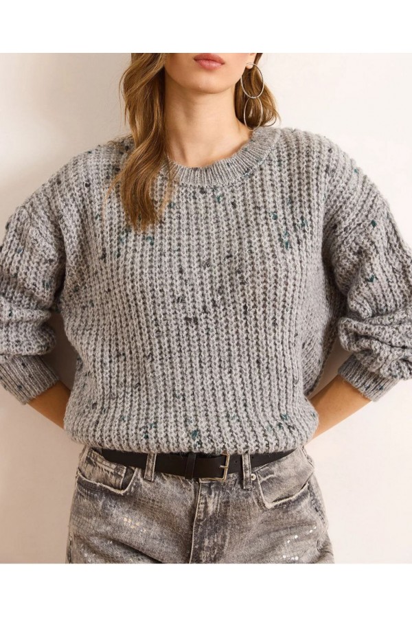 Renkli Melanj Oversize Triko Kazak  GRİ