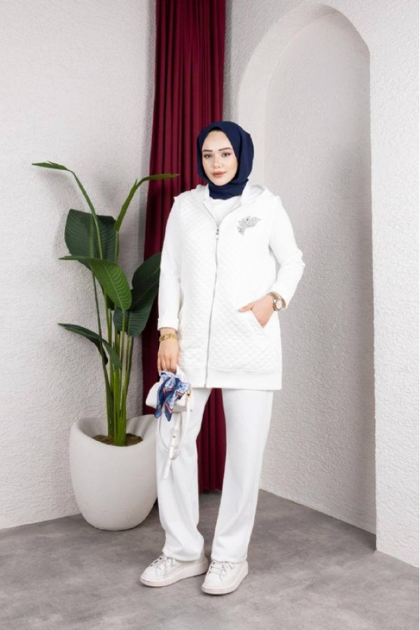 Kapitone Detaylı Yelekli 3’lü Takım – Premium Modal BEYAZ