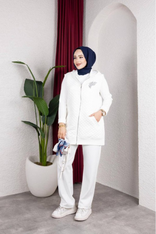 Kapitone Detaylı Yelekli 3’lü Takım – Premium Modal BEYAZ